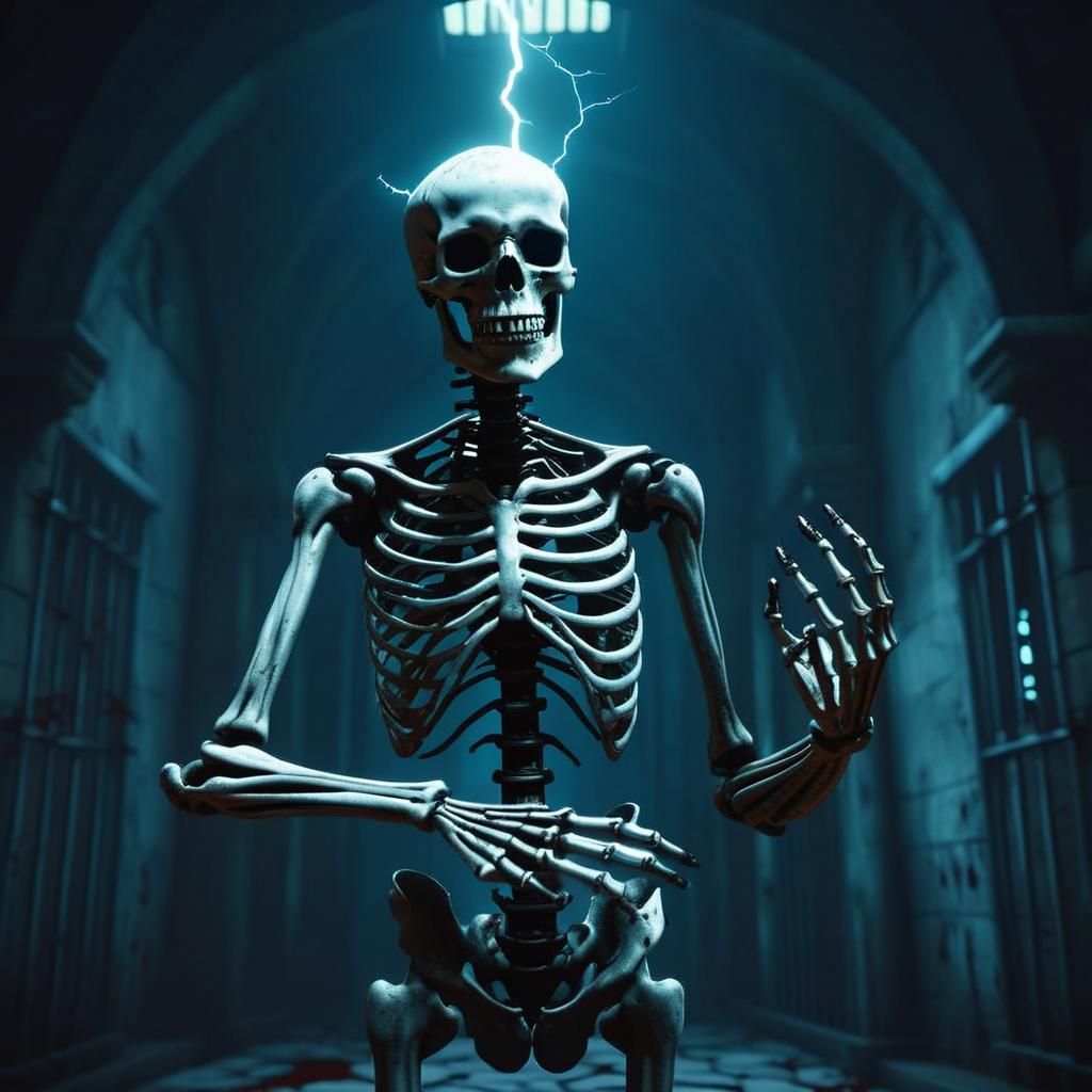 Bloody Skeleton Before Jail, Dark Fantasy Art