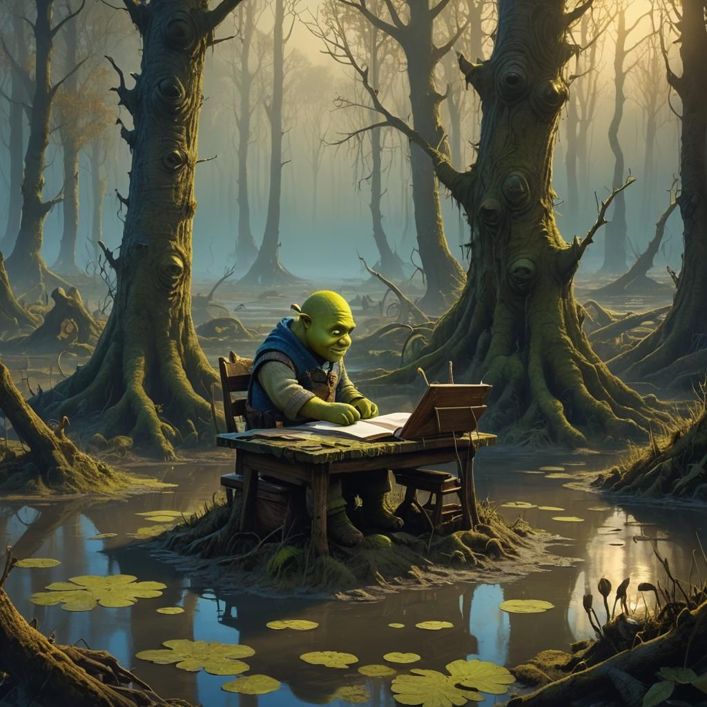 Child Shrek Studying in Swamp, Fantasy Matte Painting