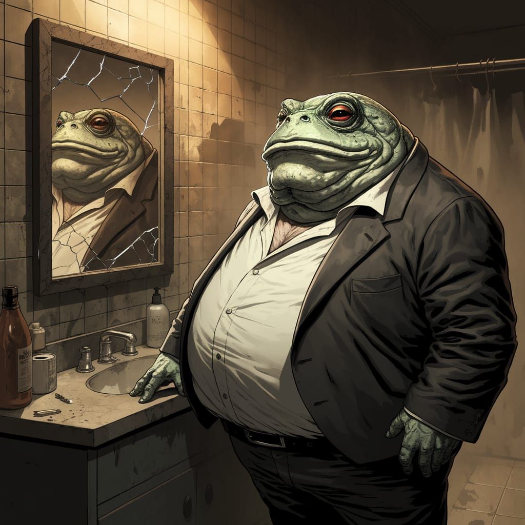 Vintage Film-Noir Frog Detective Examines Shattered Reflecti...