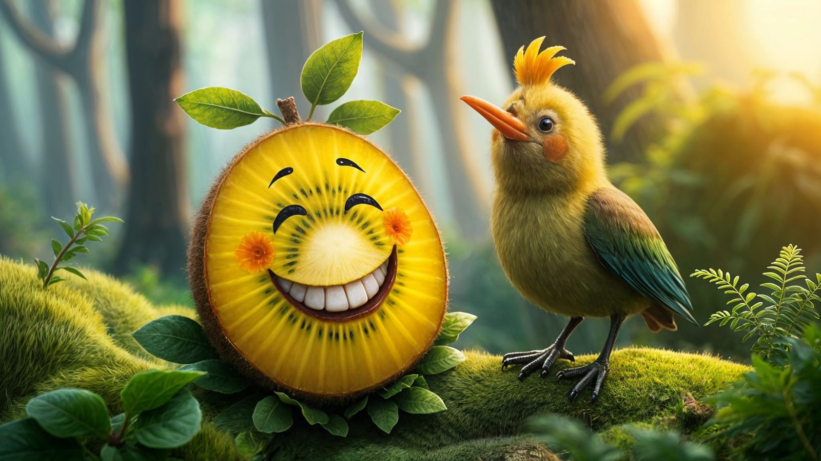 Kiwi Fruit Smiles at Bird in Whimsical Kiwi Scene