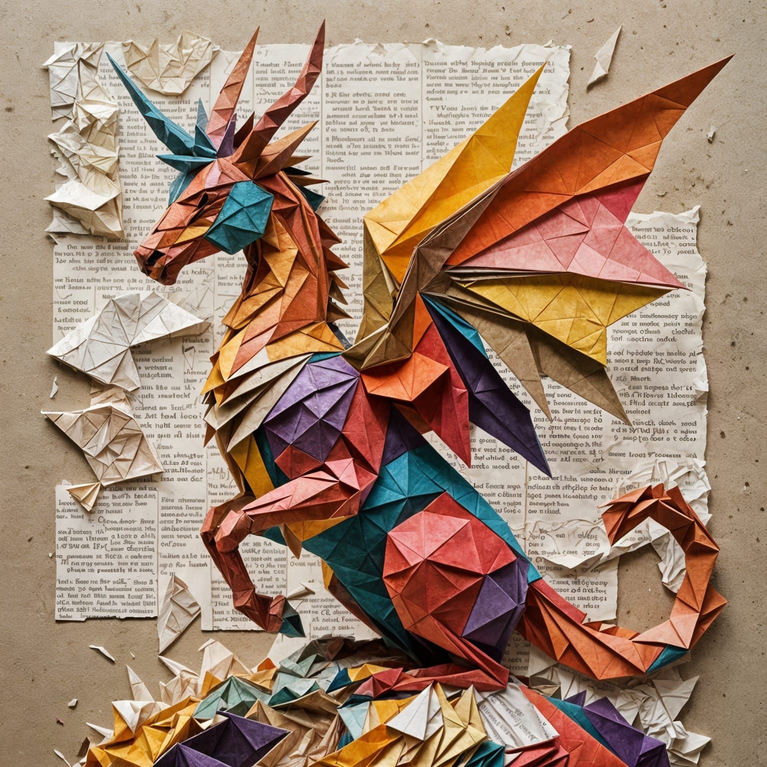 Mythical Creature from Crumpled Paper Collage