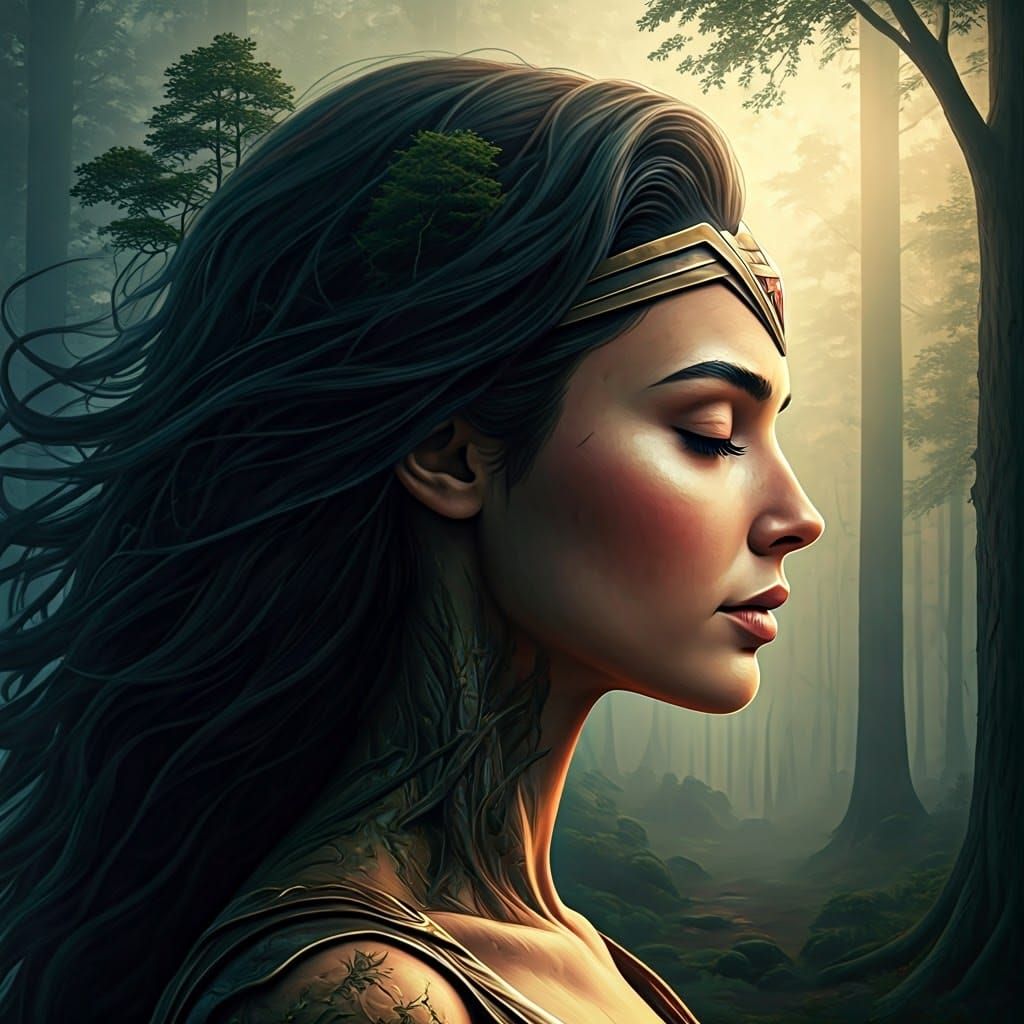 Wonder Woman Profile Blended with Mystical Landscape