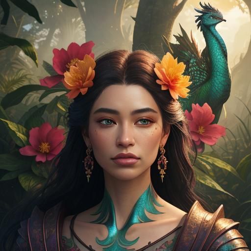 Dragon-Peacock Woman in Fantasy Garden