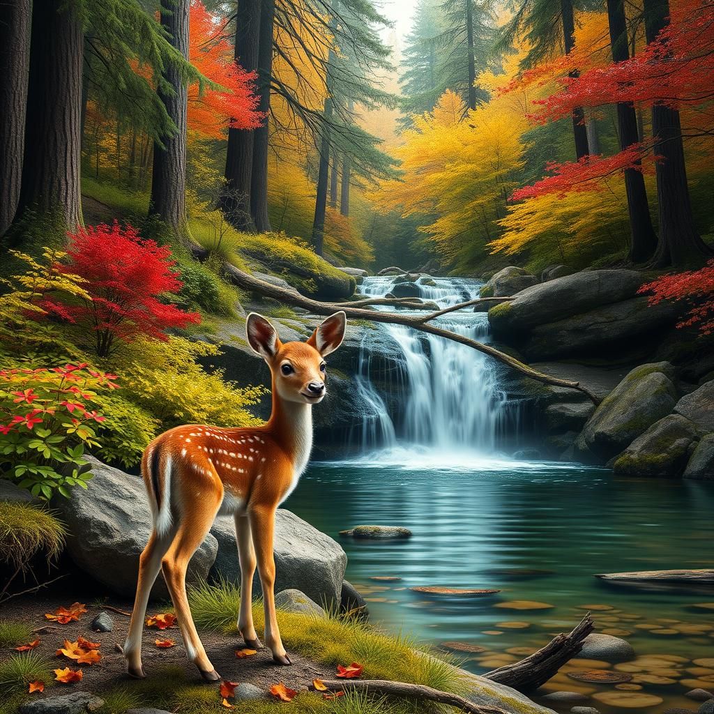 Fawn Beside Colorful Summer Waterfall: Photorealistic