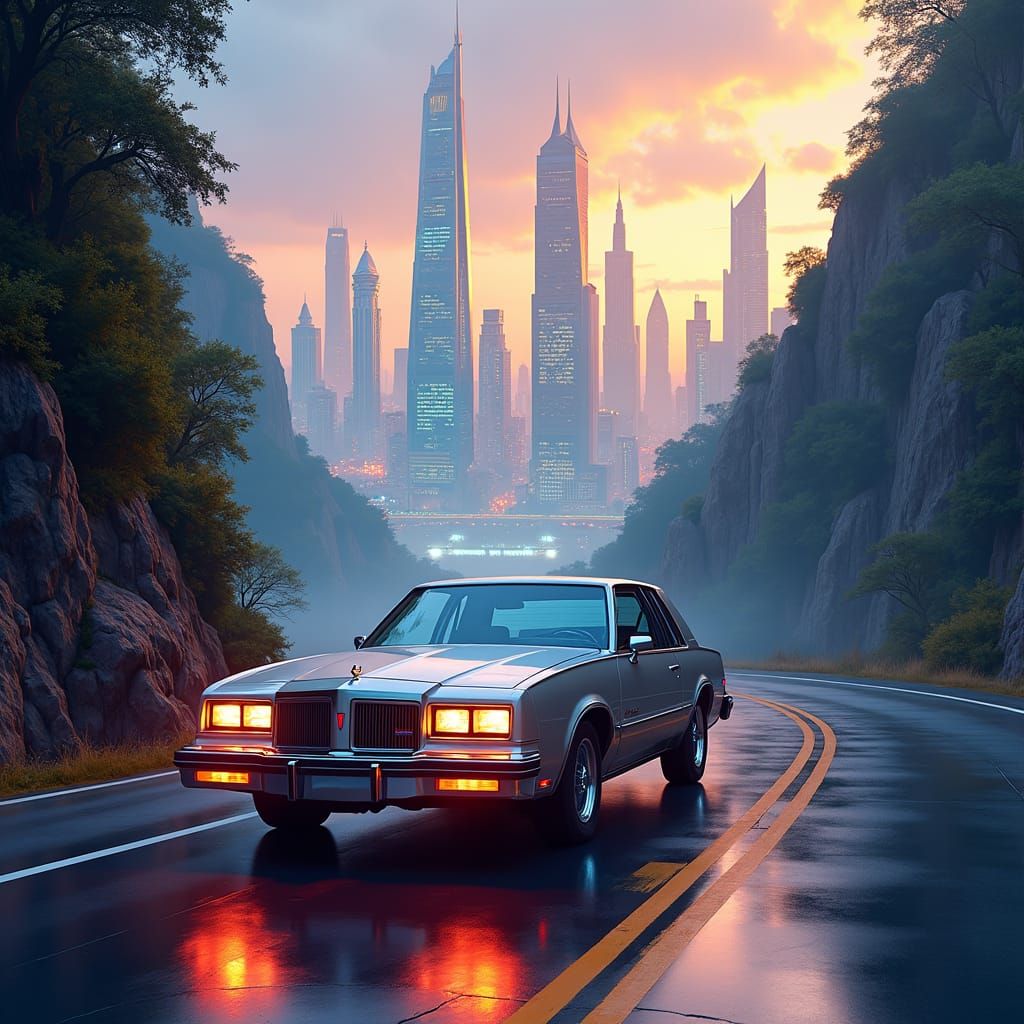 Pontiac Bonneville SSE on Mountain Road in Cyberpunk Style