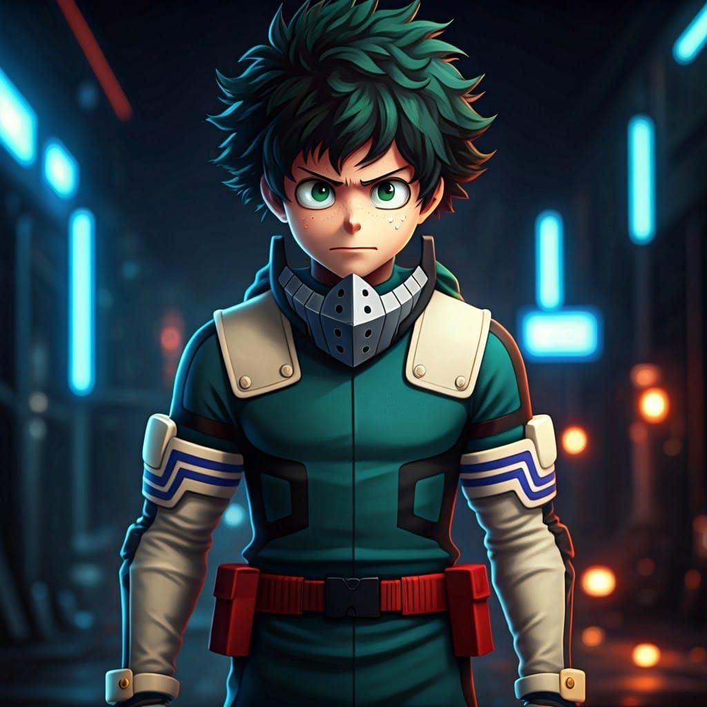 Deku in Futuristic Anime Cityscape, 8k Resolution