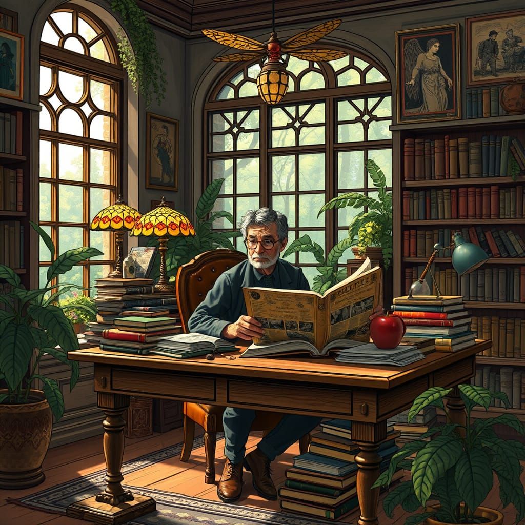 Geek Reading Comic Book in Whimsical Library