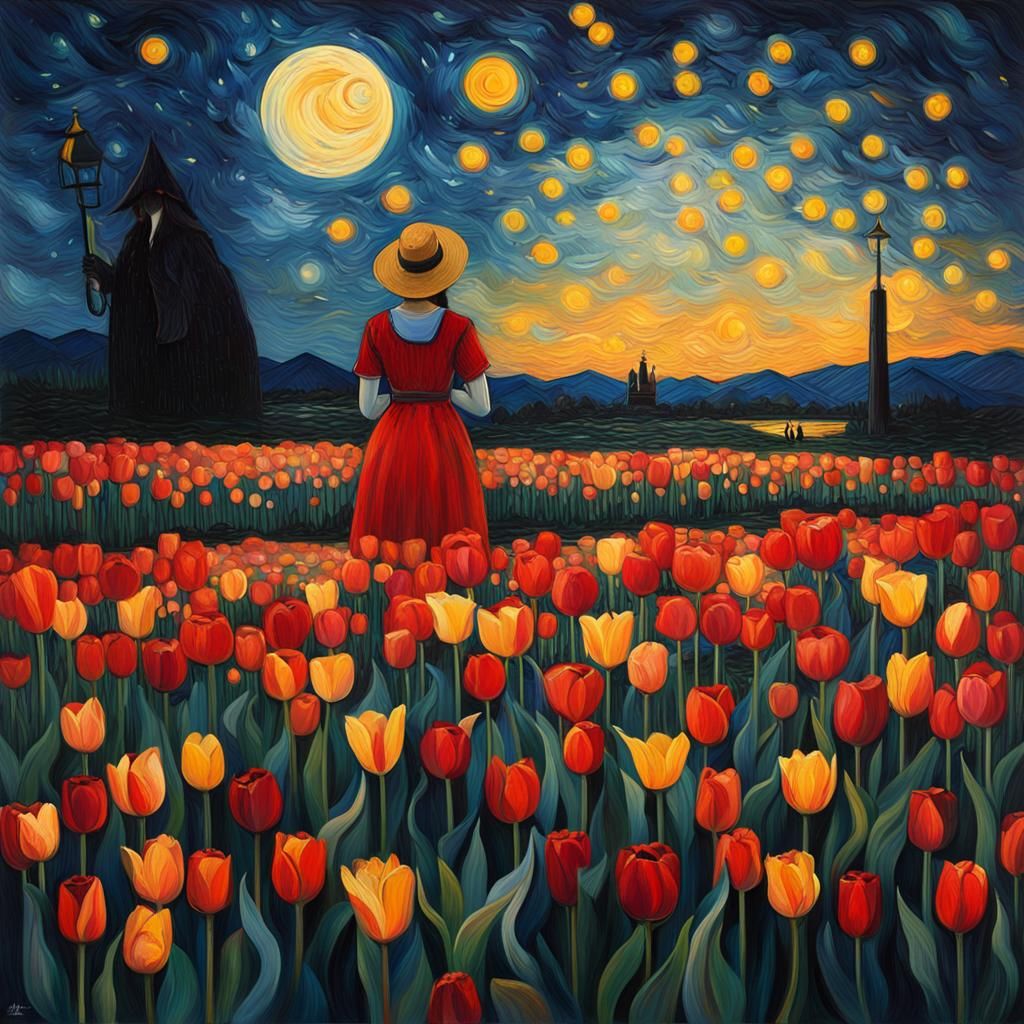 Tulip Field at Night with Girl, Van Gogh Style