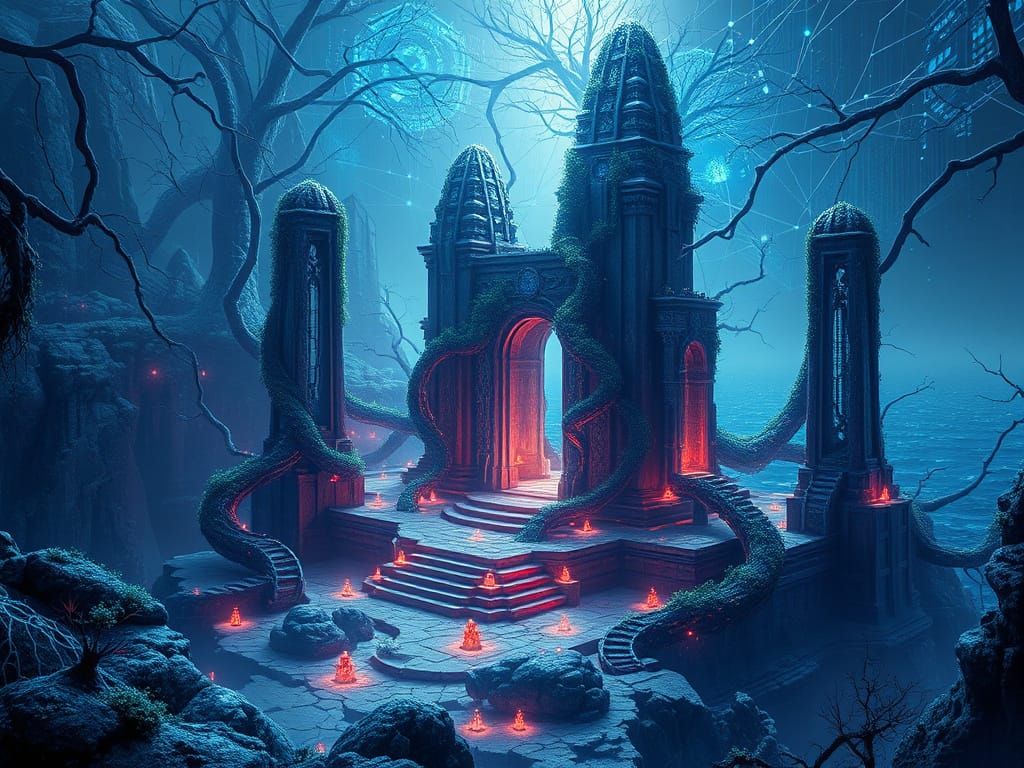 Surreal Temple of Neural Pathways in Cyberpunk Aesthetic