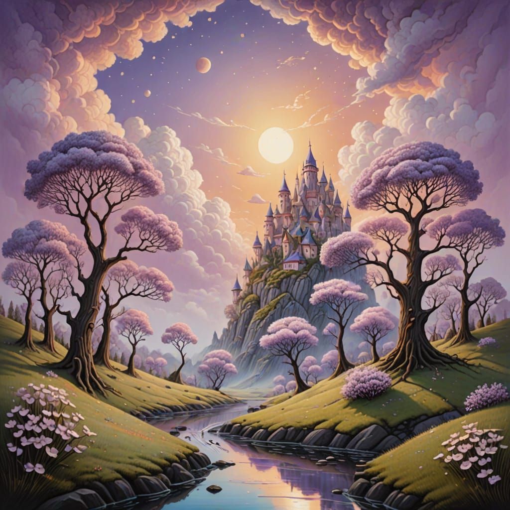 Dreamy Spring Landscape in Whimsical Acrylic Style