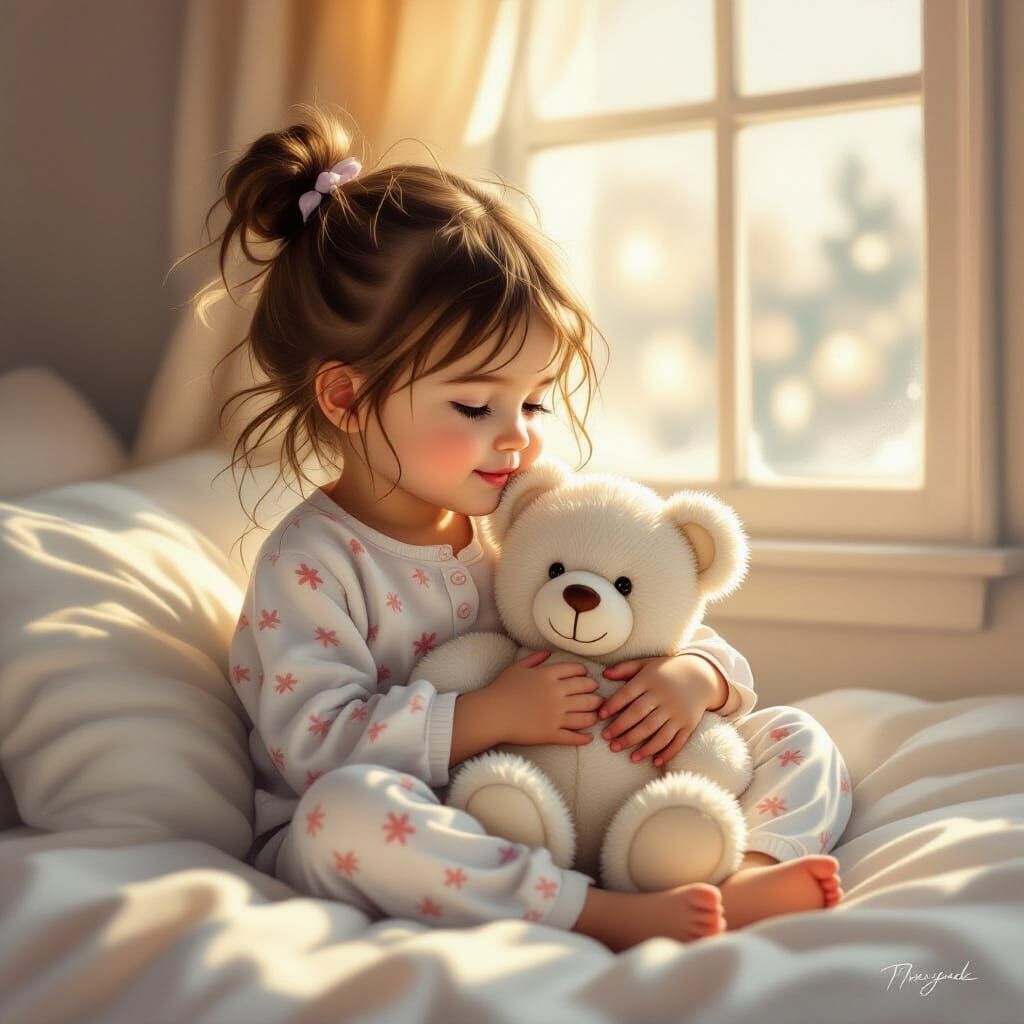 Cute 3-Year-Old Girl Holds White Teddy Bear in Morning Light