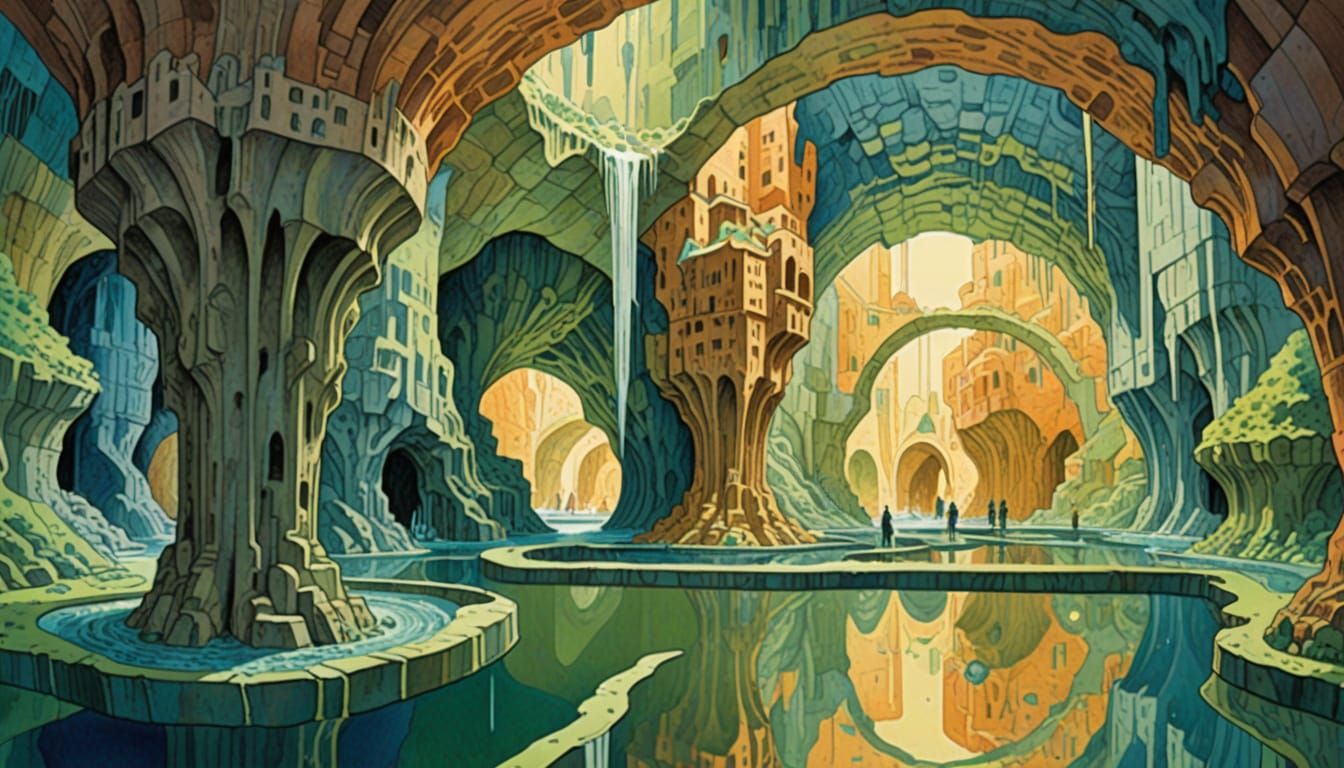 Subterranean City with Waterfalls in Watercolor Style