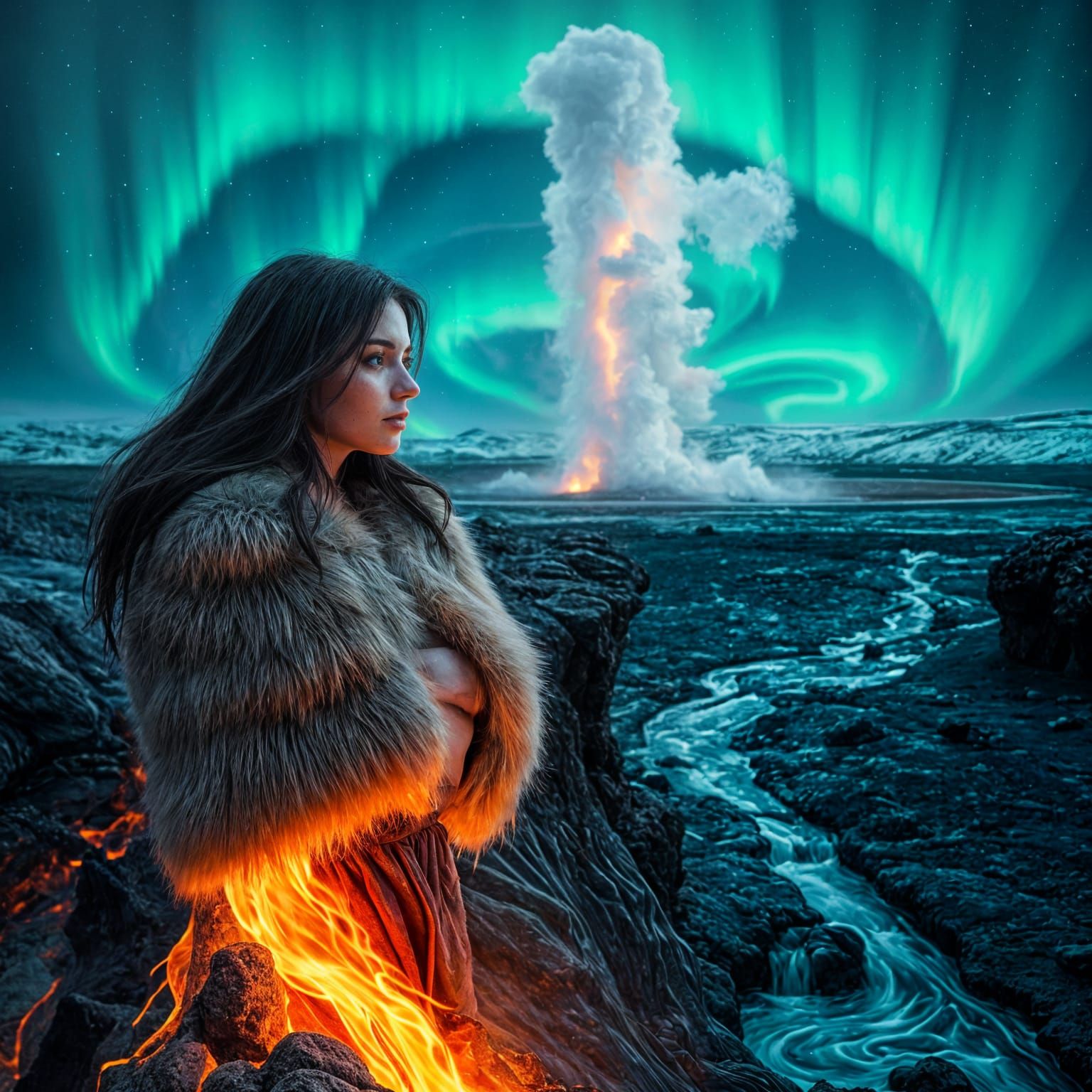 Icelandic Goddess Amidst Erupting Lava
