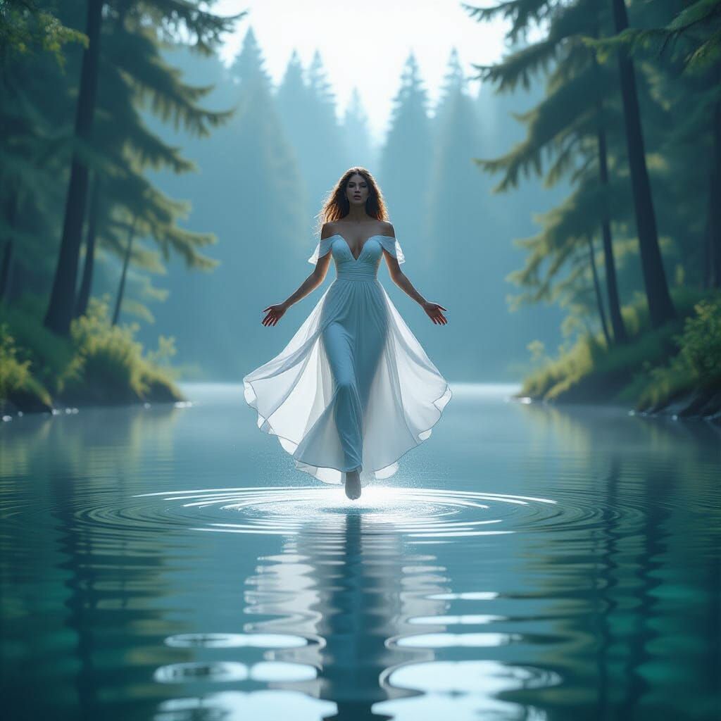 Ethereal Woman Levitates Above Lake in Dreamy Lighting