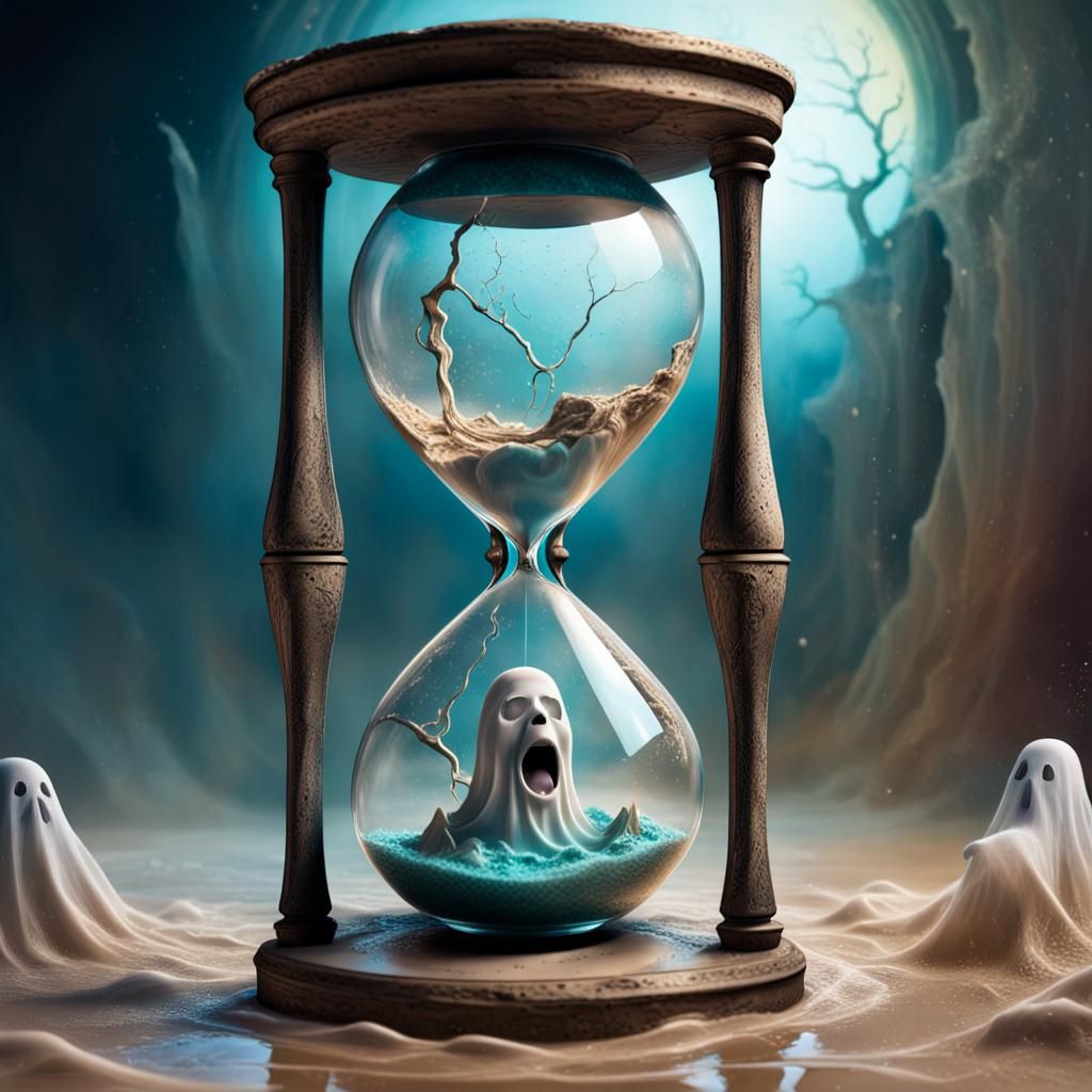 Ghost Trapped in Hourglass: Hyperrealistic Concept Art
