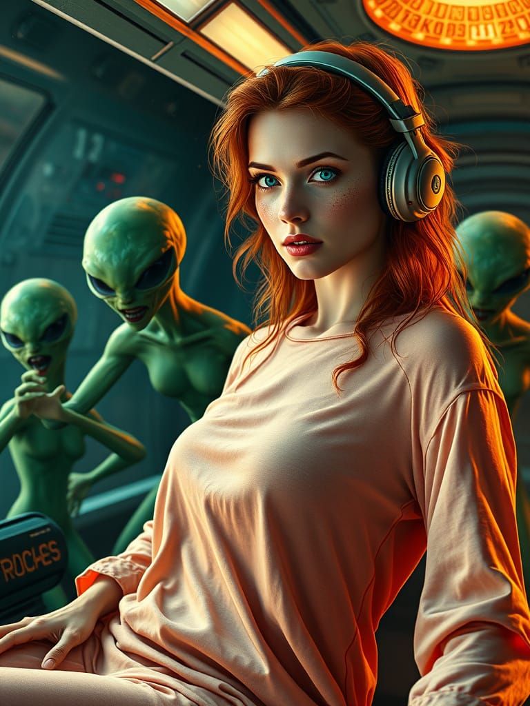 Redhead Woman Battles Aliens on Spaceship