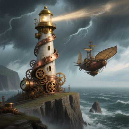 Steampunk Lighthouse in a Stormy Sea