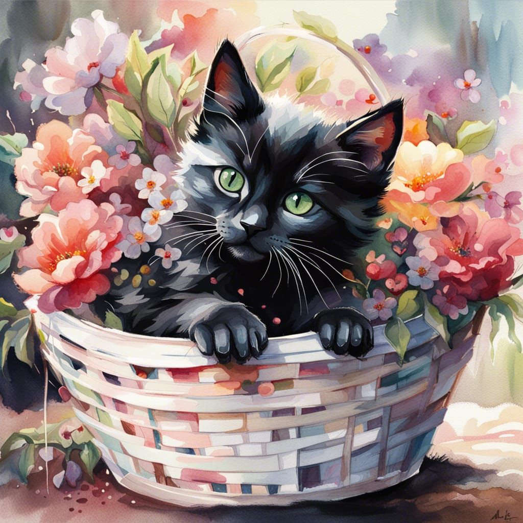 Kitten in Flower Basket Watercolor Gouache Painting