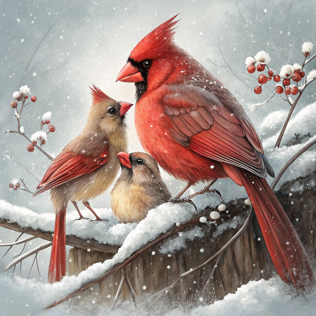 Cardinals Snuggling in Winter Snow