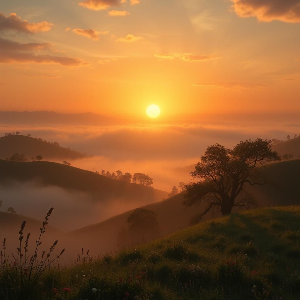 Golden Sunrise Over Rolling Hills: Fantasy Concept Art