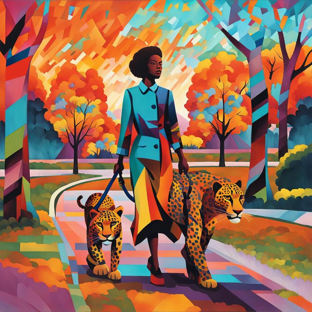 Woman Walking Leopards: Abstract Cubism in the City