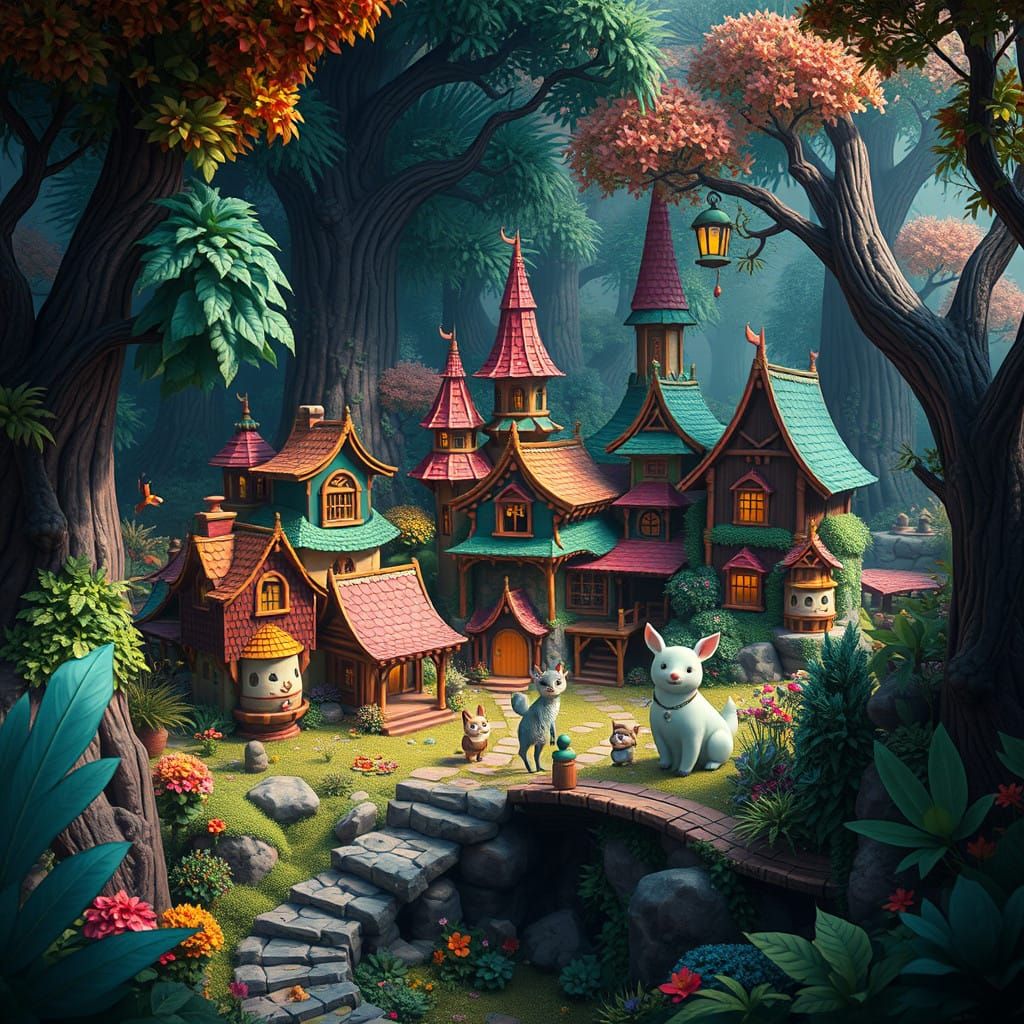 Whimsical Forest Village in Vibrant, Detailed Fantasy Style