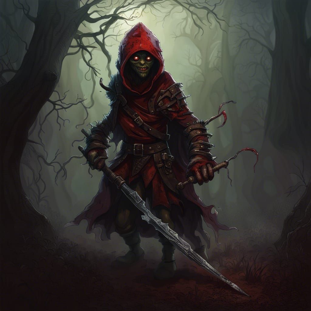 Red Hooded Goblin Veteran in Mist Haunted Greenwood