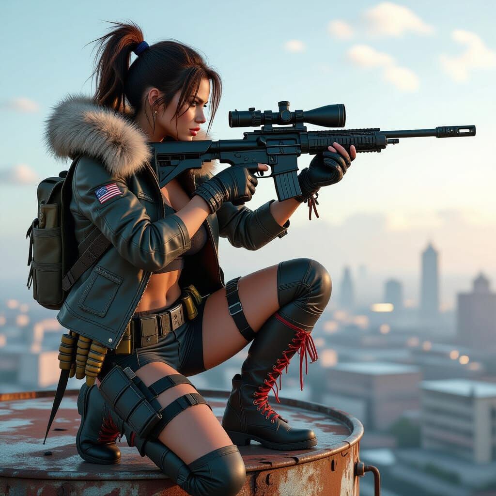 Cyberpunk Sniper on Rusted Tower, Photorealistic Image