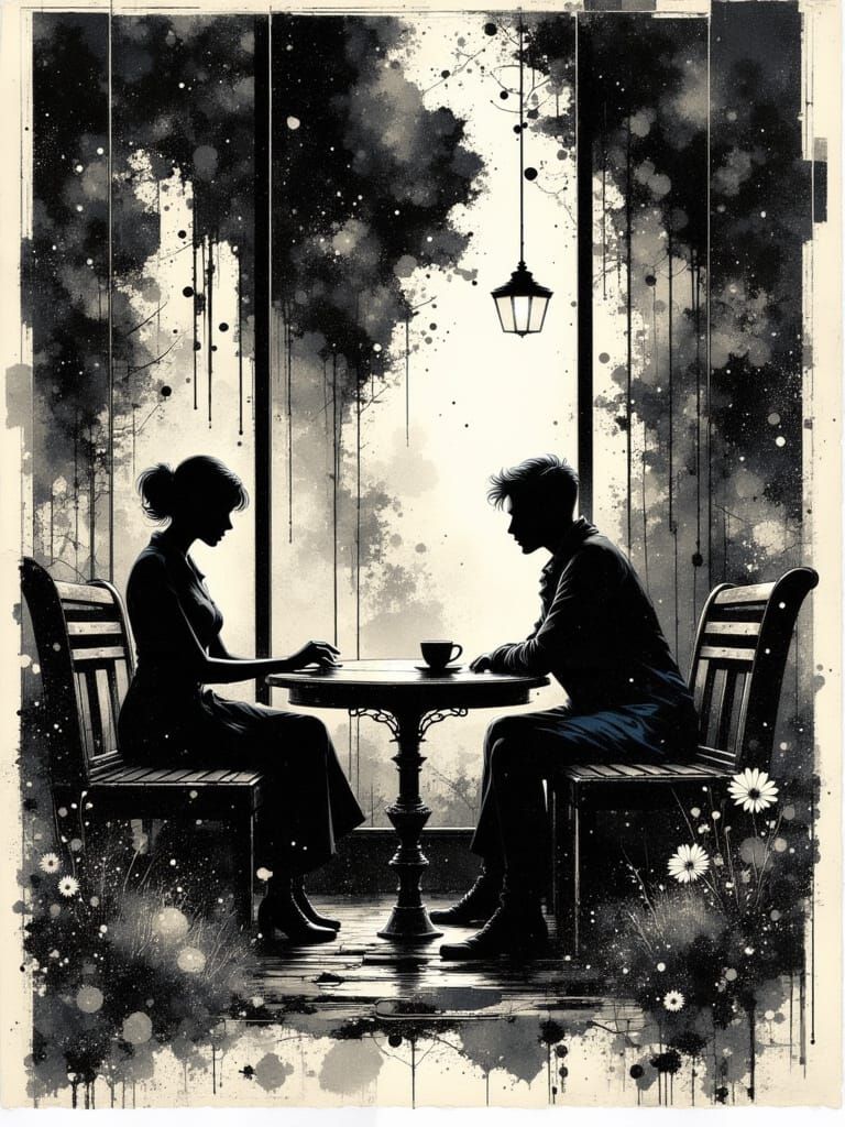 Intimate Cafe Illustration in India Ink and Post-Impressioni...