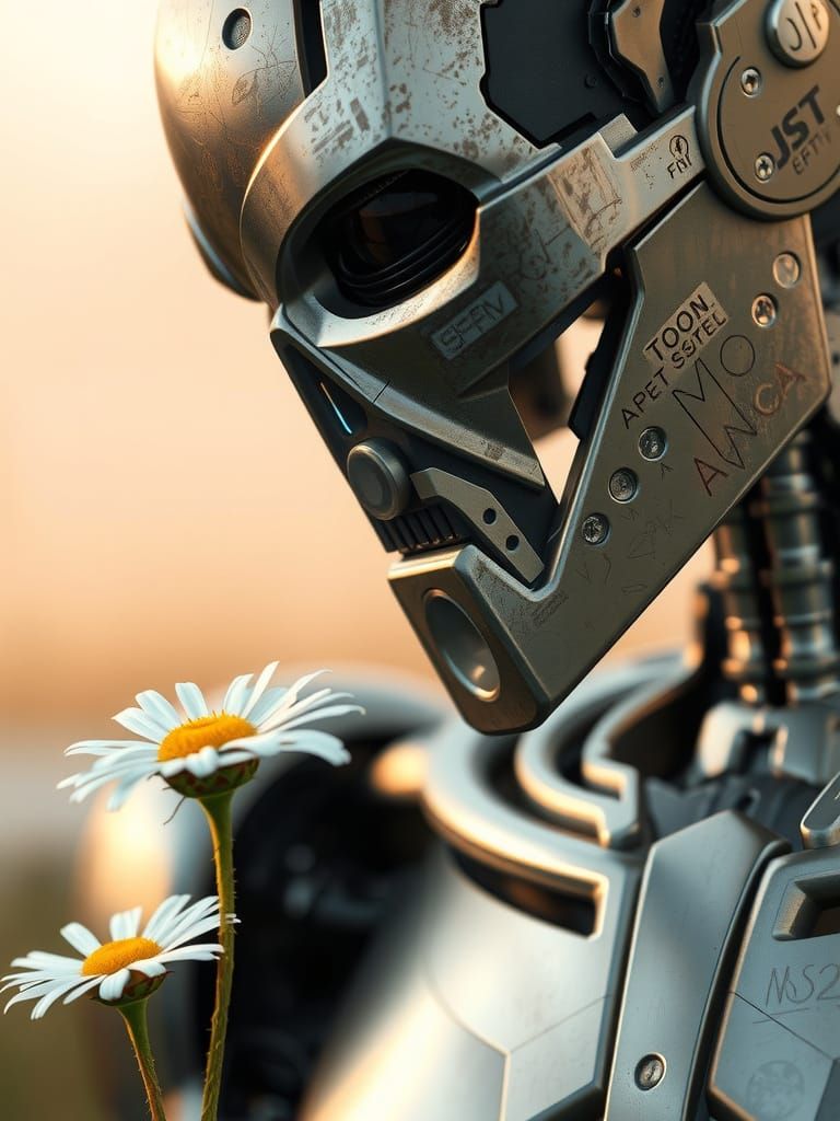 Cyborg Terminator Sniffs Daisy in 3D Render