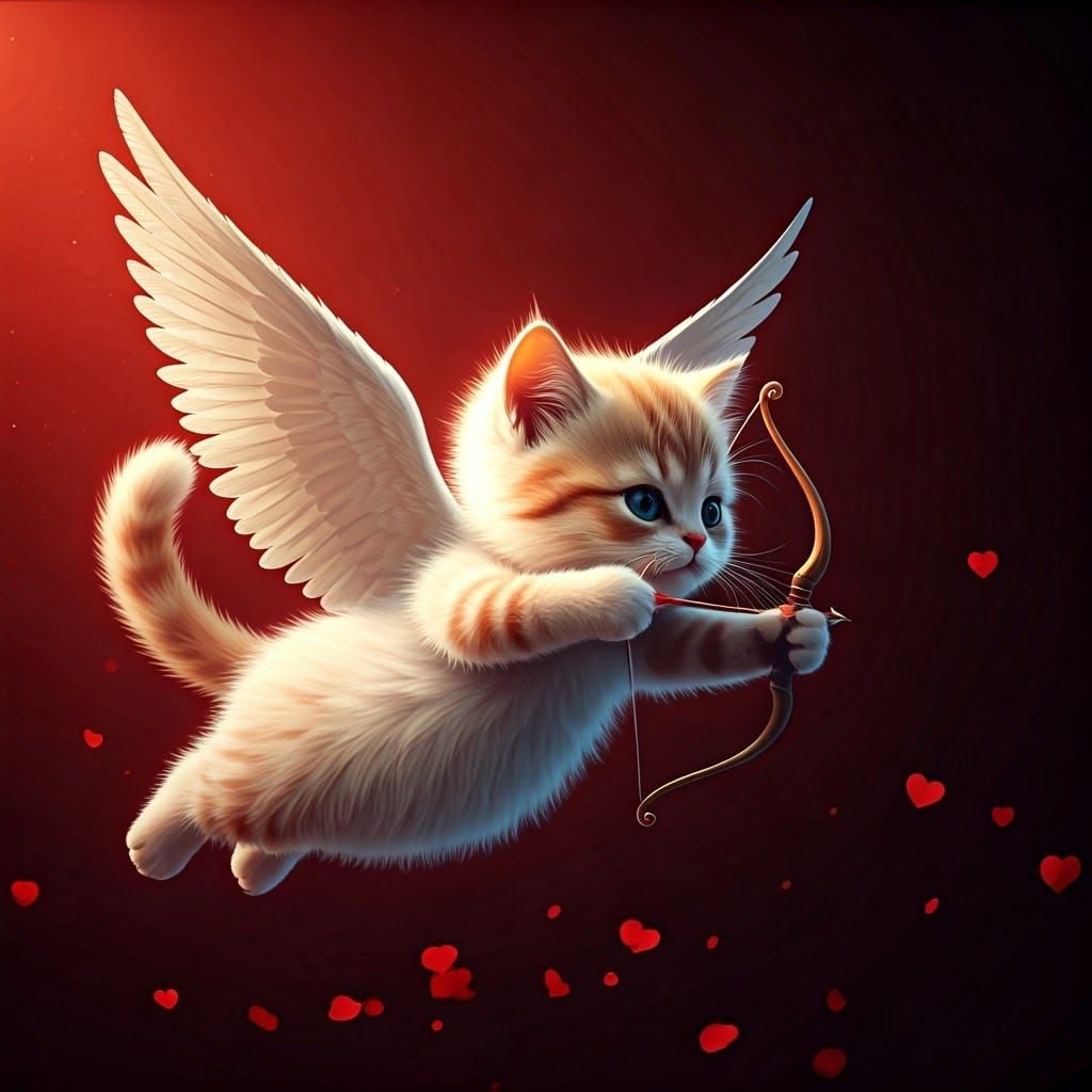 Charming Winged Cupid Kitten in Romantic Valentine's Day Ico...