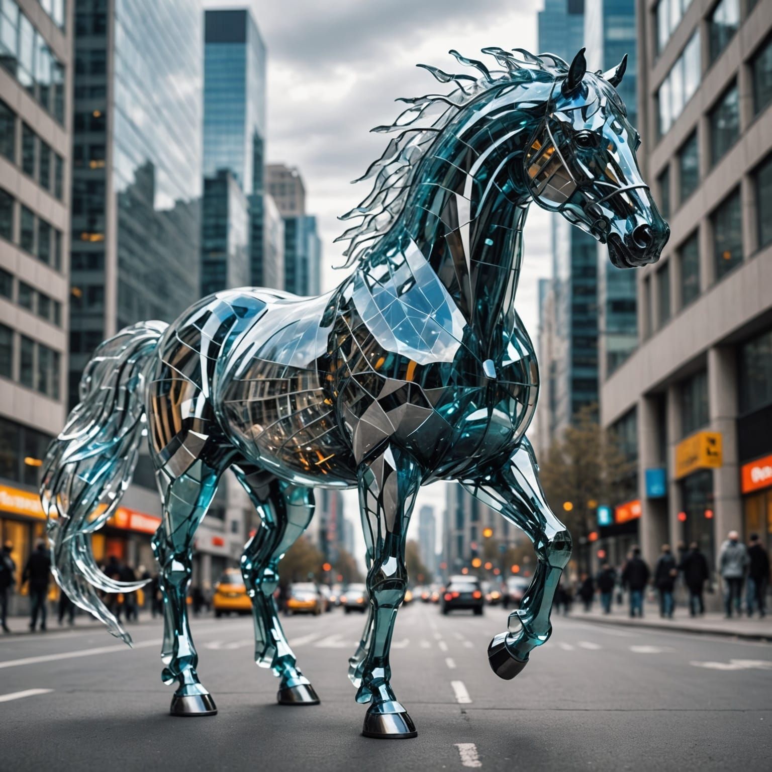 Transparent Horse in City of Steel and Glass