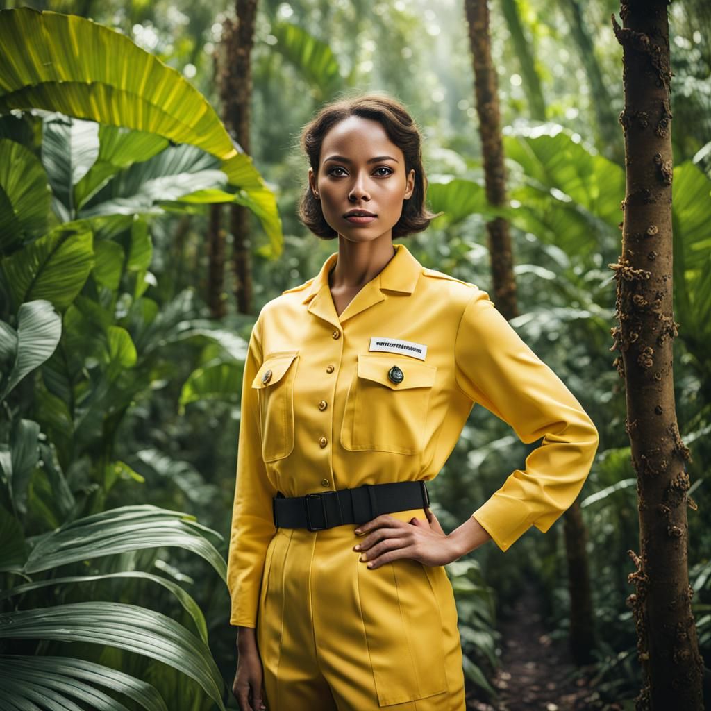 Woman in Yellow Uniform in Tropical Jungle