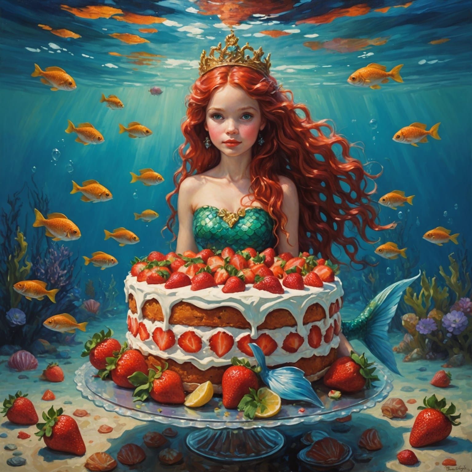 Mermaid Strawberry Cake, Oil Painting by Gurney