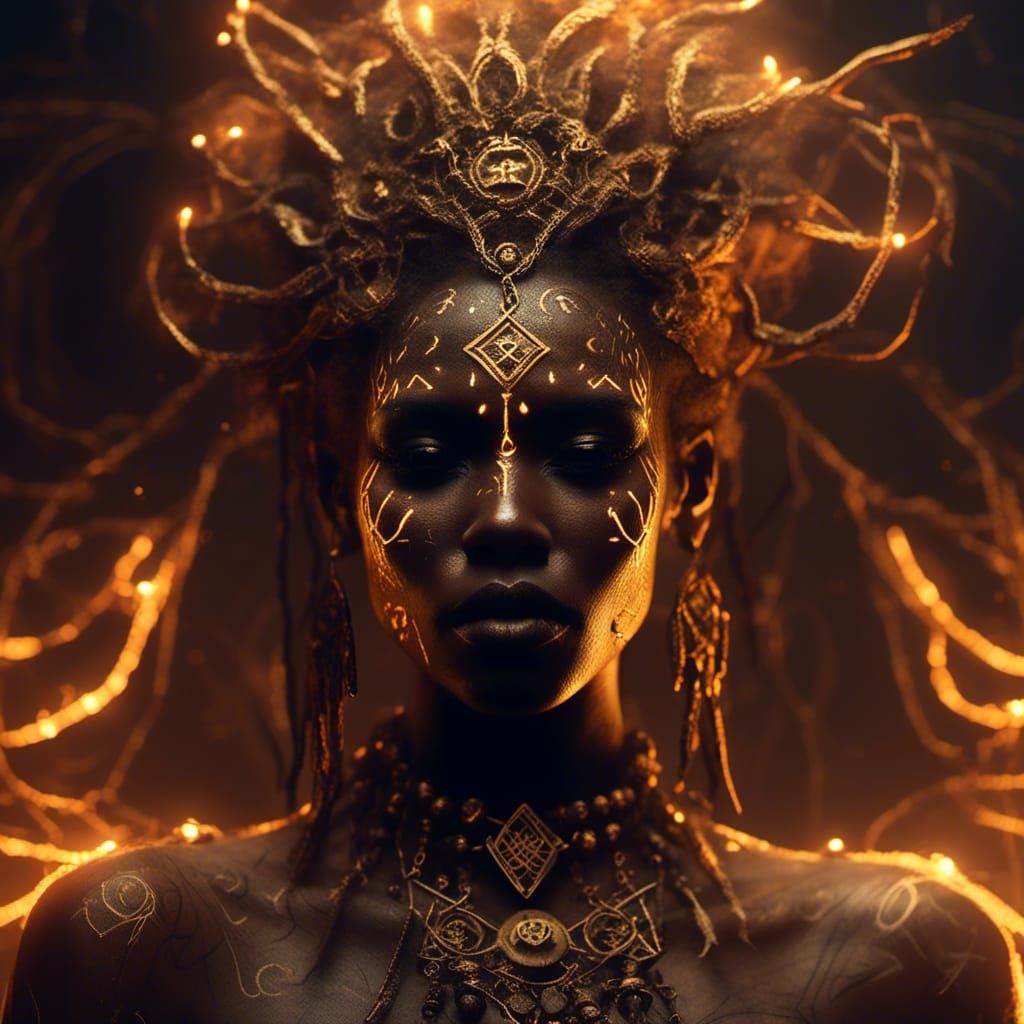 Voodoo Priestess with Glowing Runes in Dark Fantasy Style