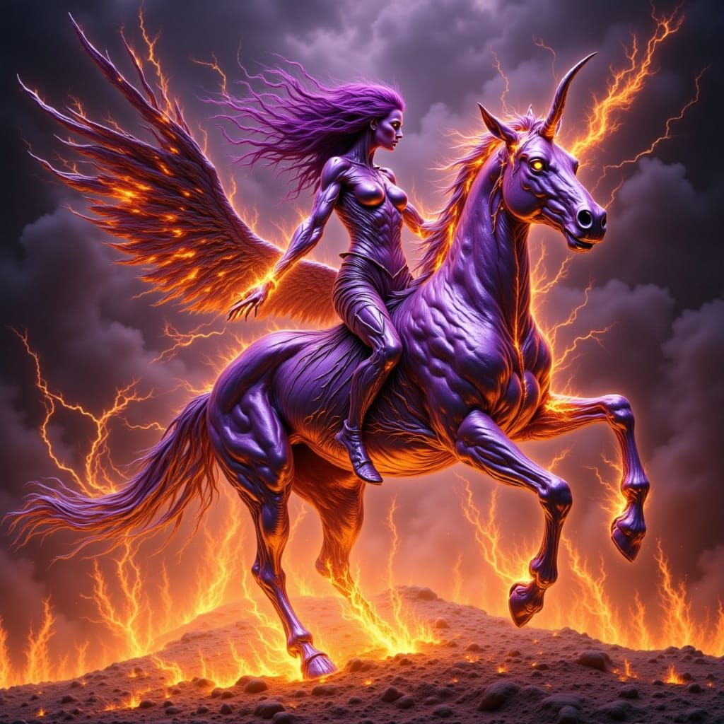 Fiery Metal Punk Woman Riding Chrome Pegasus