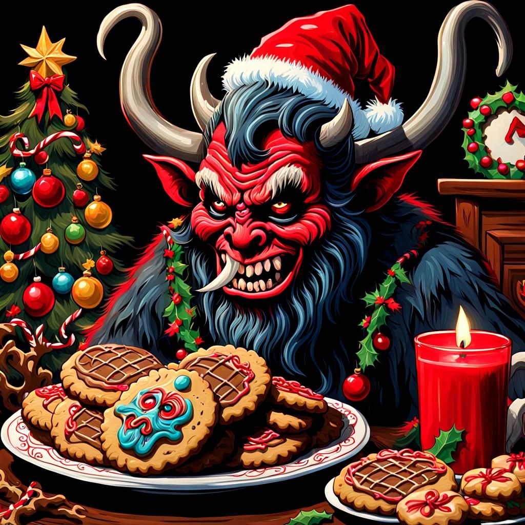 Krampus Devouring a Christmas Cookie in Dark Surreal Style