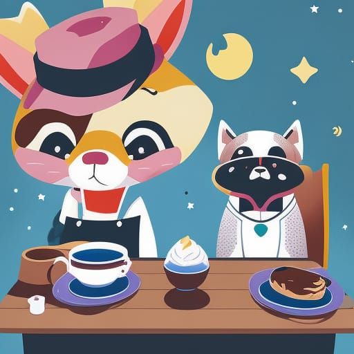 /imagine cartoon Sticker of a cute dog sitting next to coffee, 2D, vector Illustration