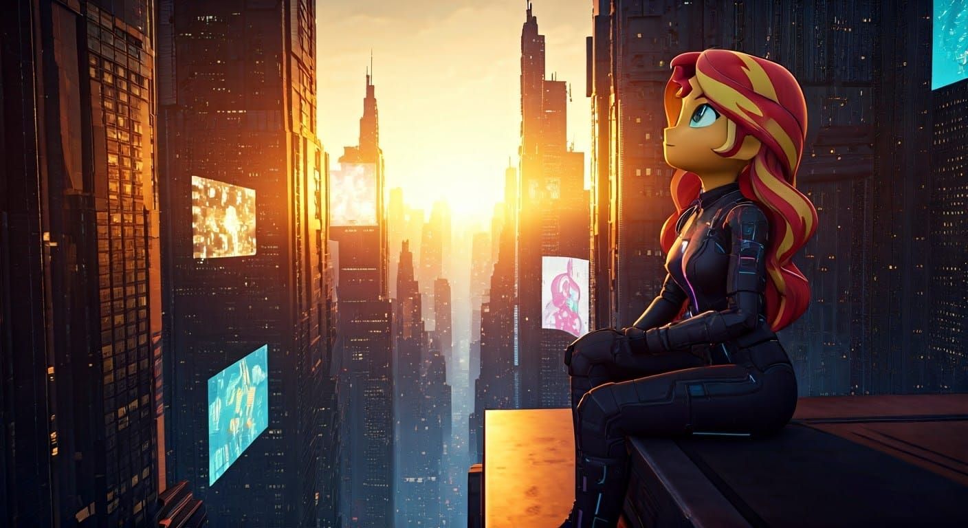 Cyberpunk Sunset Shimmer on Skyscraper Rooftop
