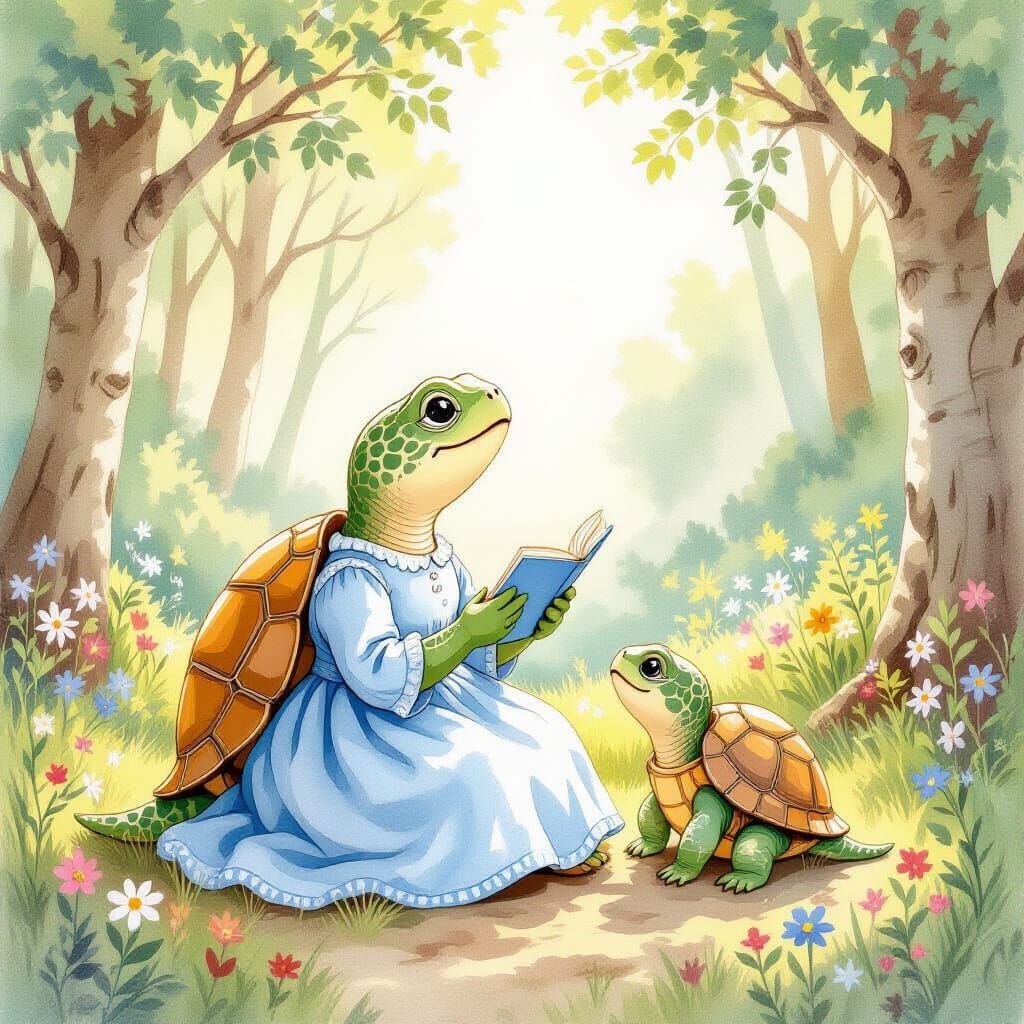 Mother Turtle Sings Lullaby on Sunny Forest Clearing