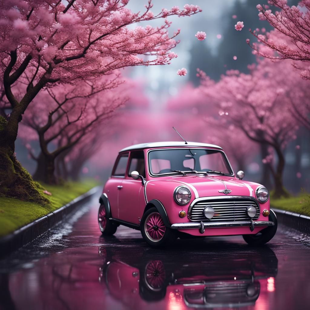 Pink Mini Cooper in Rainy Cherry Blossom Scene