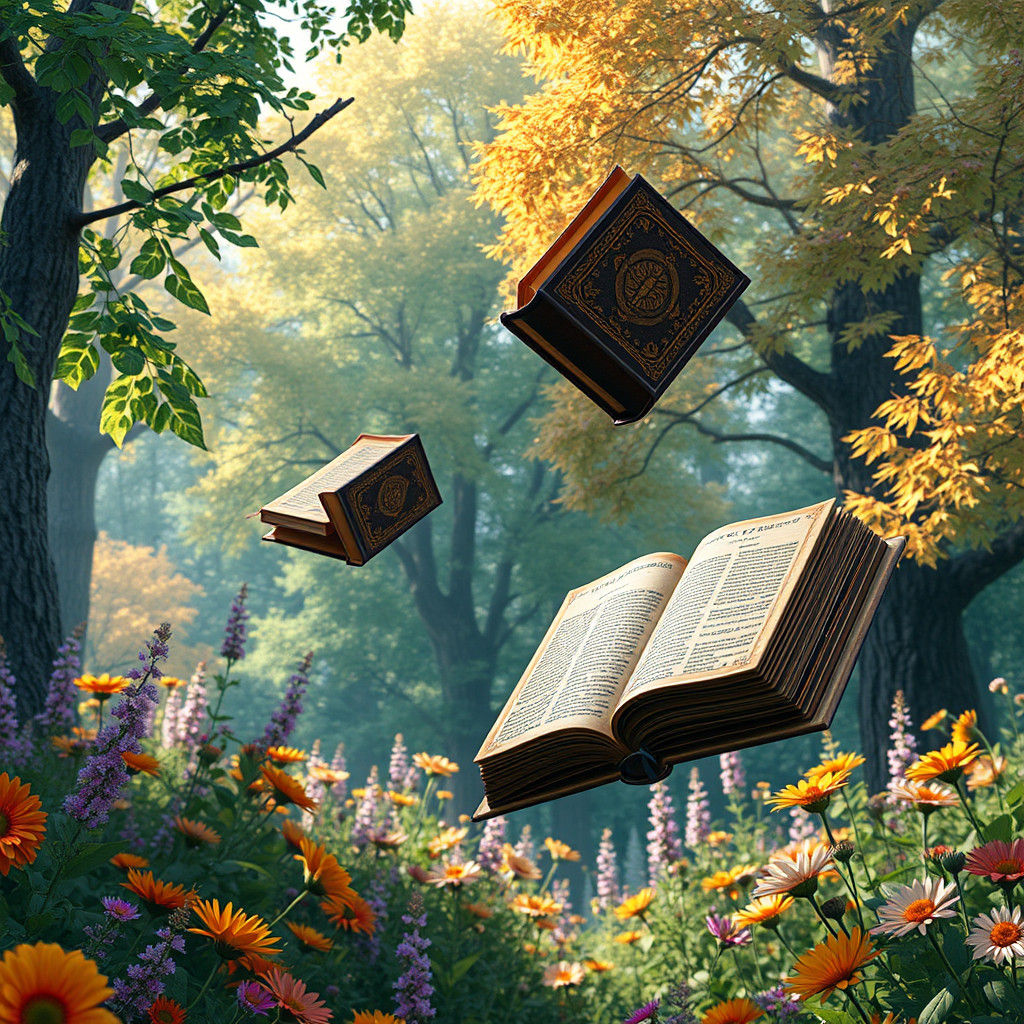 Whimsical Flying Books in Enchanted Garden