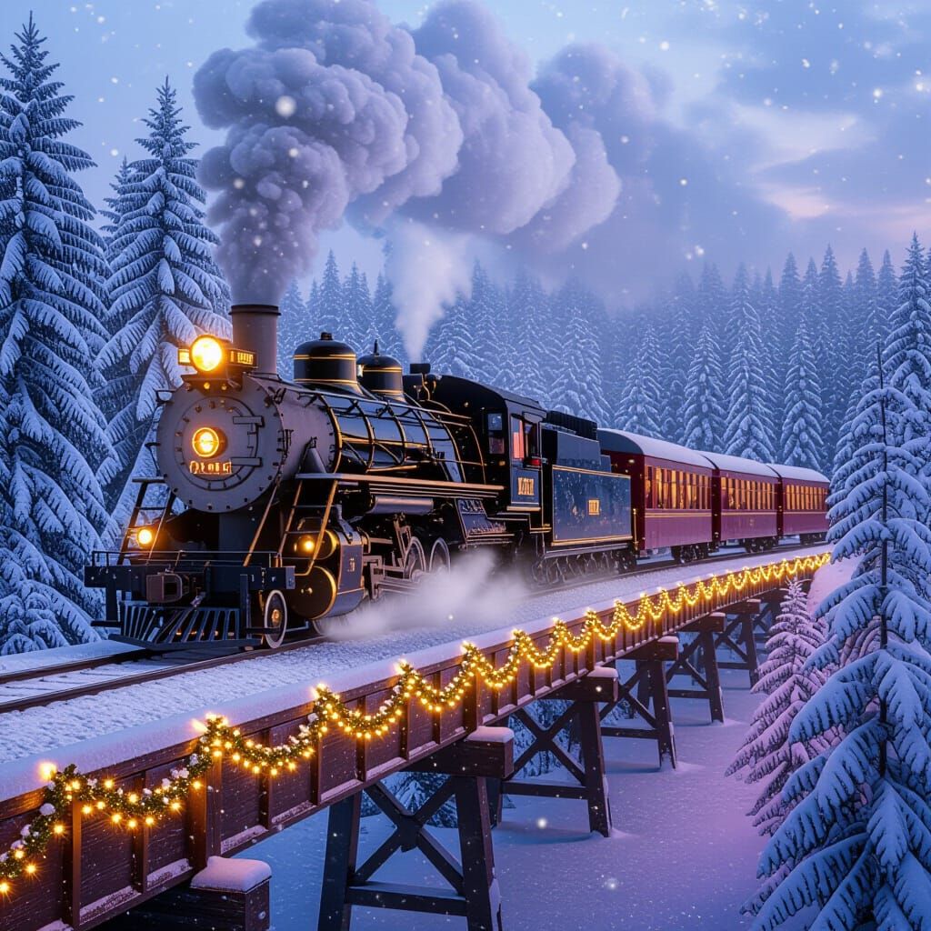 Golden Steam Train in Snowy Forest Twilight