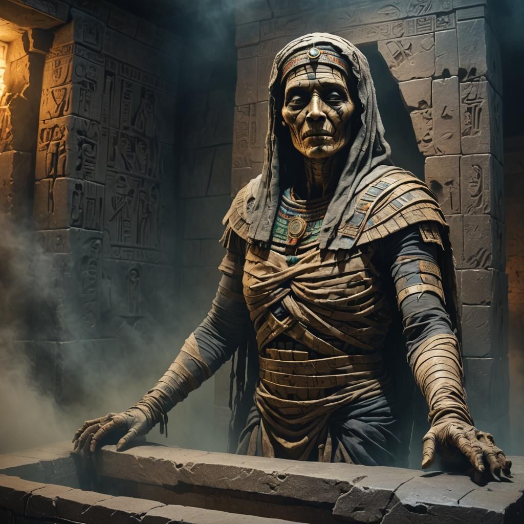 Hyperrealistic Mummy Emerges from Sarcophagus in Fog