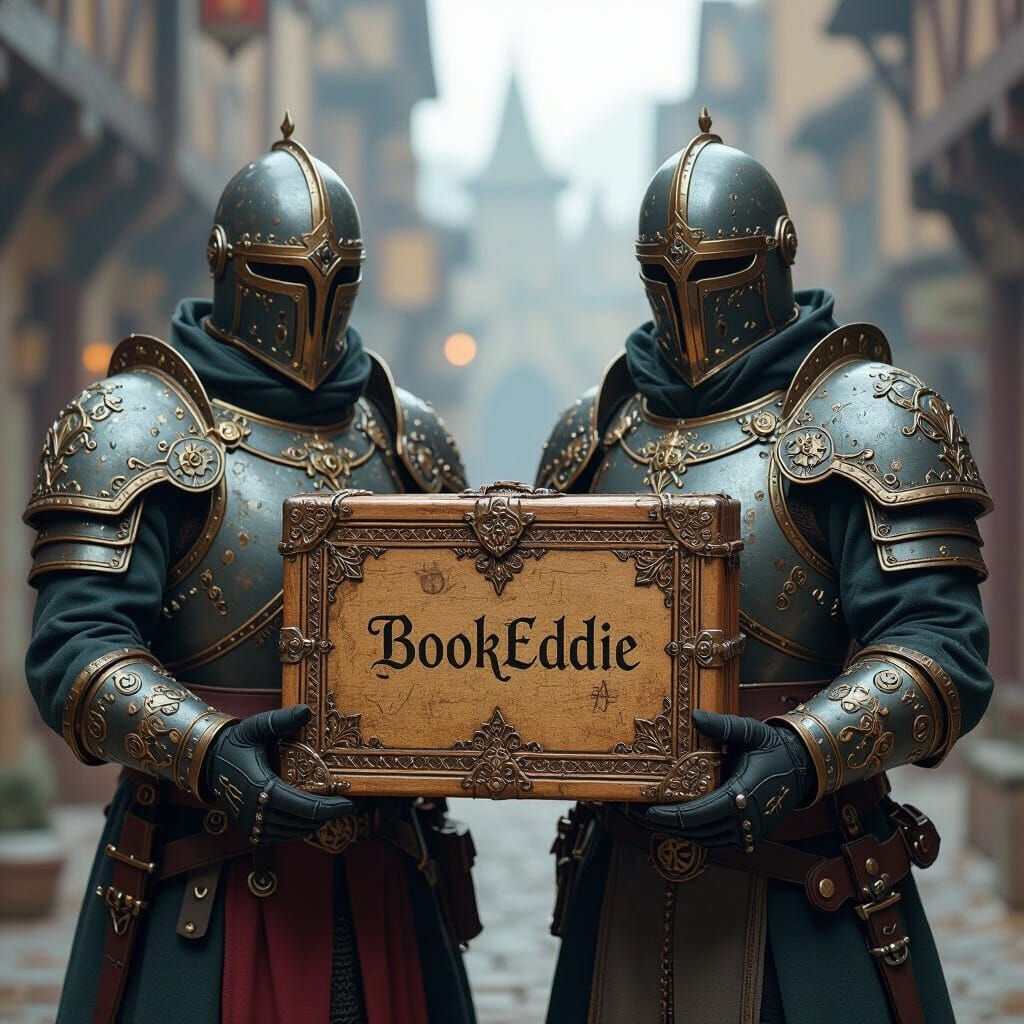 Armored Guards Holding Ornate Box in Retro Sci-Fi Style