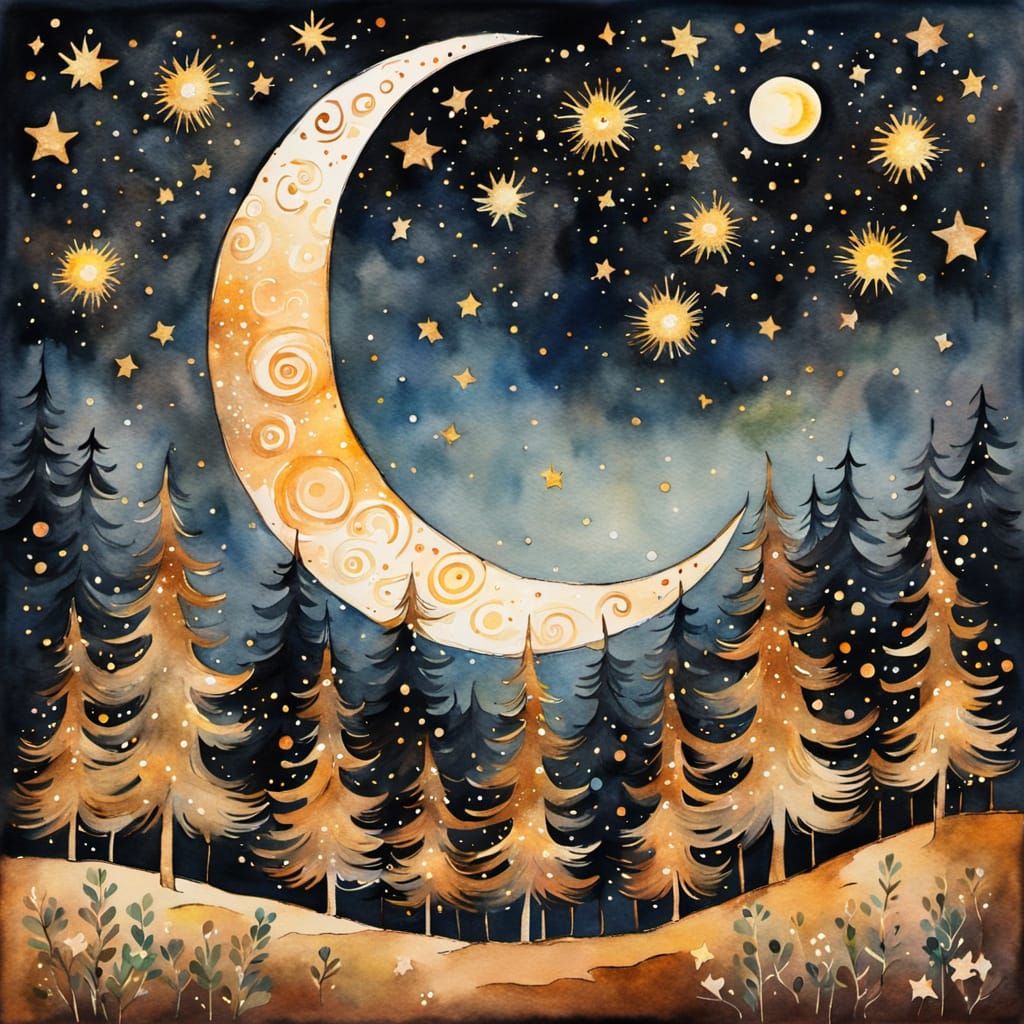 Klimt-Inspired Crescent Moon in Starry Night Sky