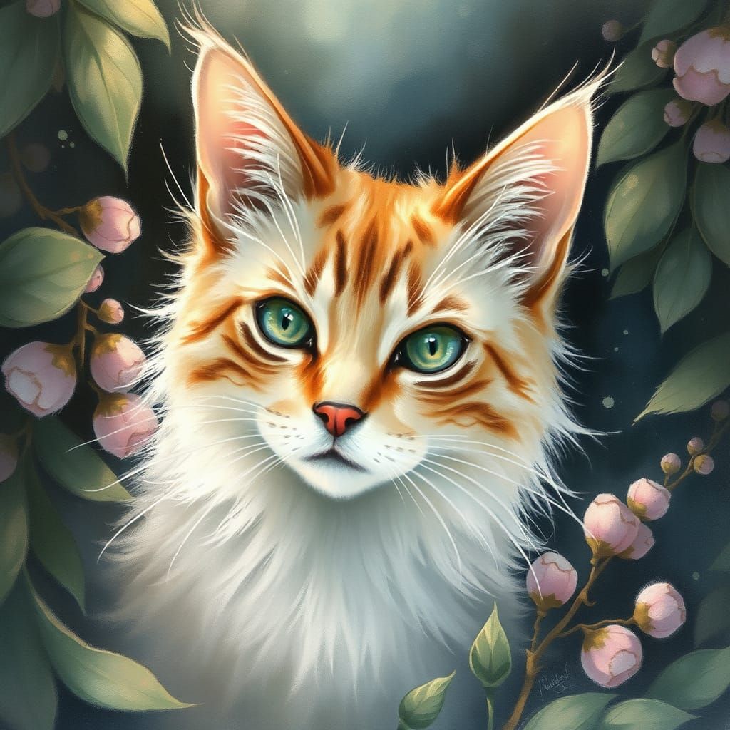 Dreamy Cat Portrait in Watercolor Style