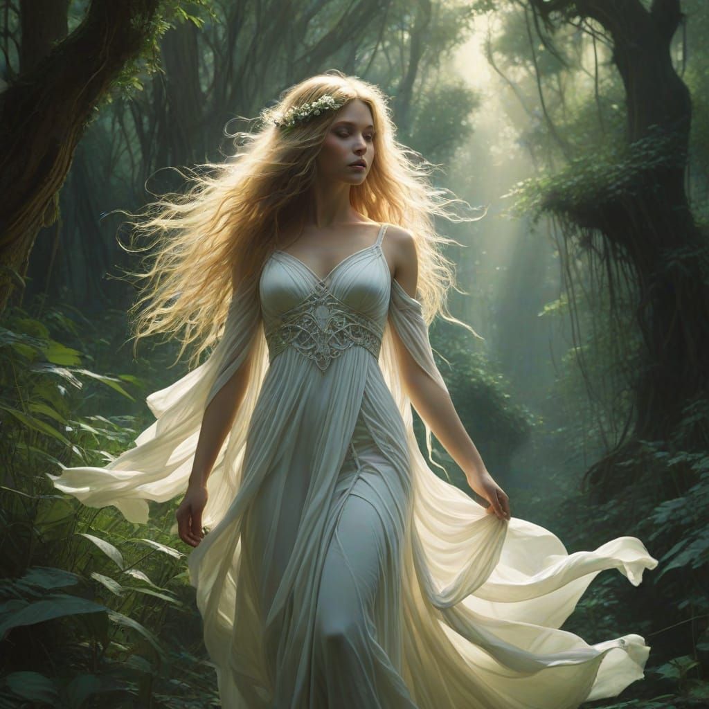 Ethereal Goddess Rises from Lush Forest in Divine Beauty