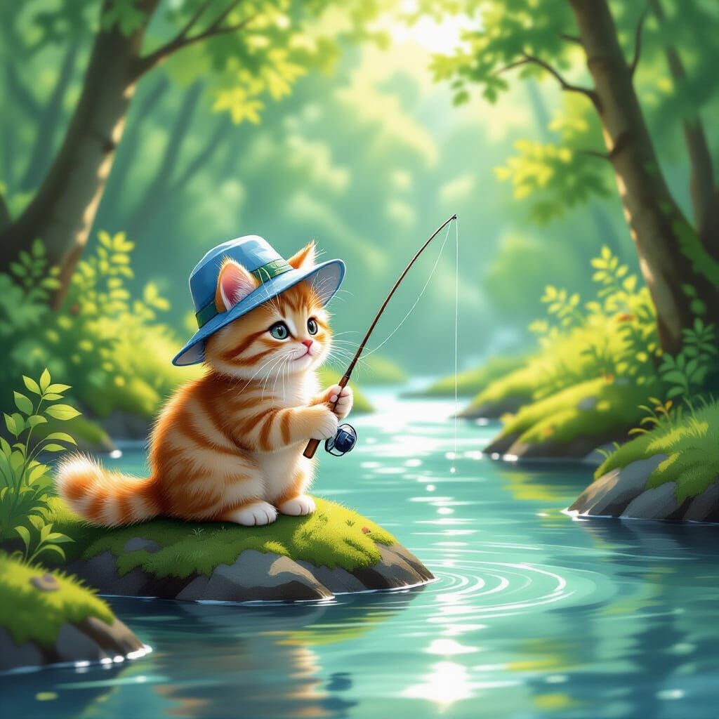 Fluffy Kitten Fishing in a Sun-Dappled Forest