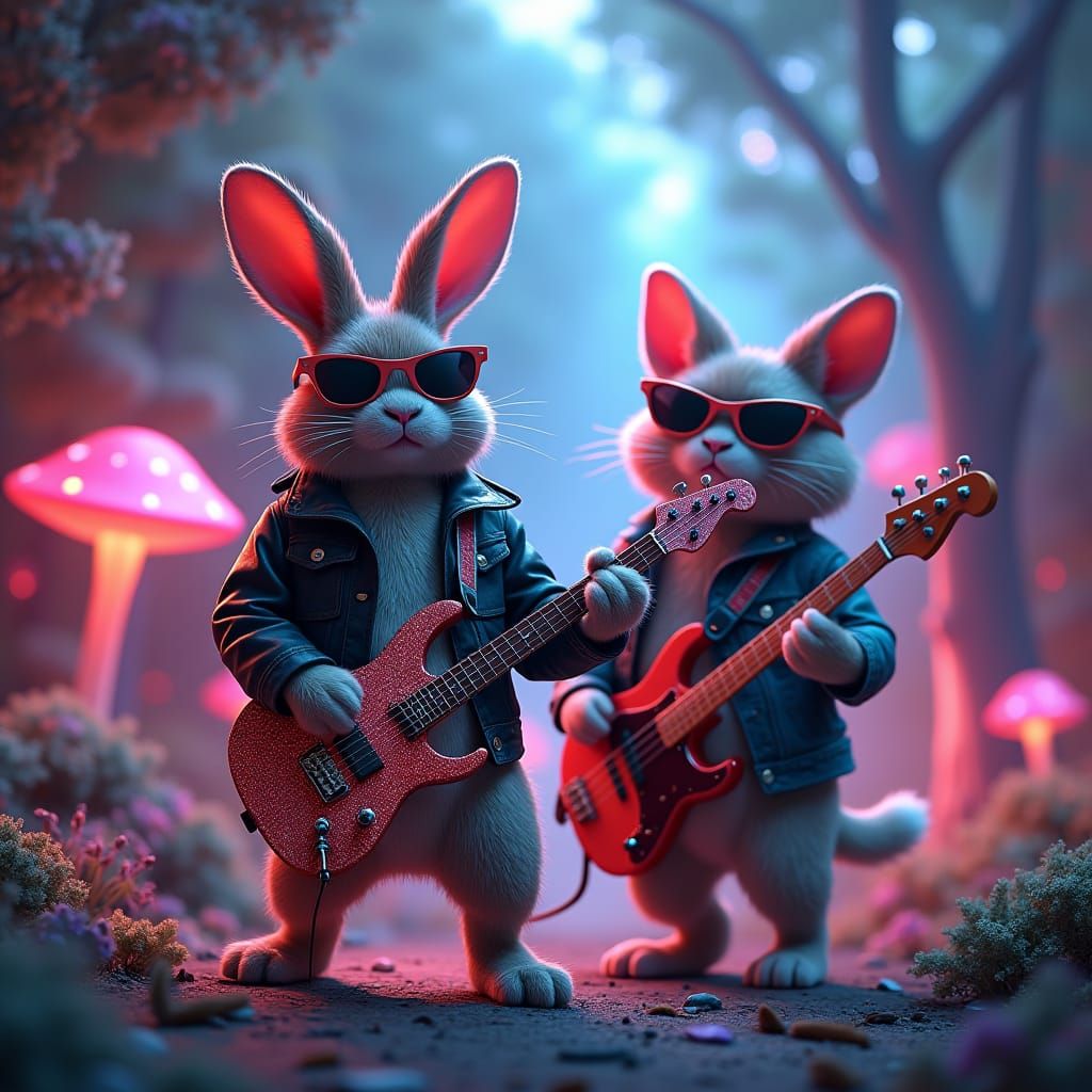 Rabbit and Cat Rock Band in Dreamlike Forest